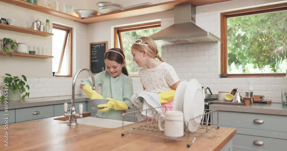 Learning, children and cleaning dishes in kitchen with sister, girl or helping to wash, dry and clean house with water. Kids, washing and cloth to wipe plates, cutlery or teaching housework to girls Learning, children and cleaning dishes in kitchen with sister, girl or helping to wash, dry and clean house with water. Kids, washing and cloth to wipe plates, cutlery or teaching housework to girls