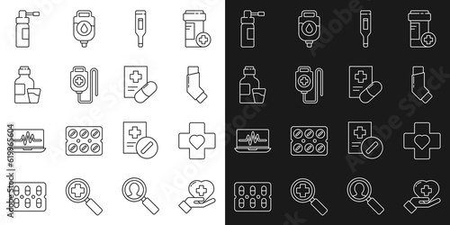 Set line Heart with a cross, Inhaler, Medical digital thermometer, IV bag, Bottle of medicine syrup, nozzle spray and prescription icon. Vector