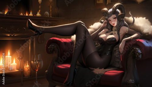 Sexy anime girl, demoness with horns in erotic outfit at home on a romantic evening. Created with AI.