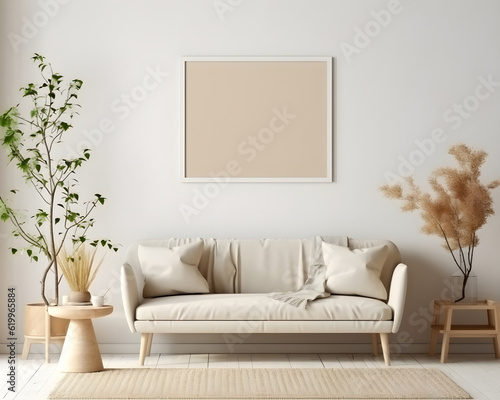 Interior minimal modern living room with mock up poster frame generative AI.
