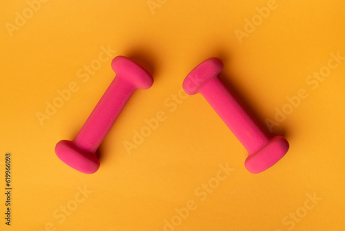 two pink dumbbells for fitness on yellow background © Pavel