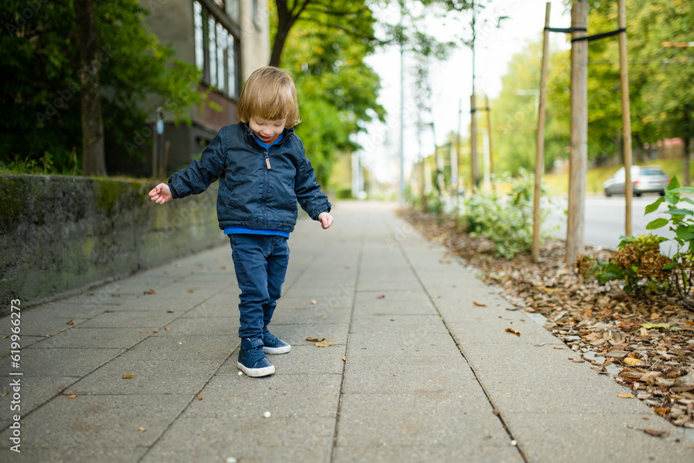 Funny toddler boy having fun outdoors on sunny autumn day. Child exploring nature. Kid walking in a city park. Autumn activities for kids. Funny toddler boy having fun outdoors on sunny autumn day. Child exploring nature. Kid walking in a city park. Autumn activities for kids.