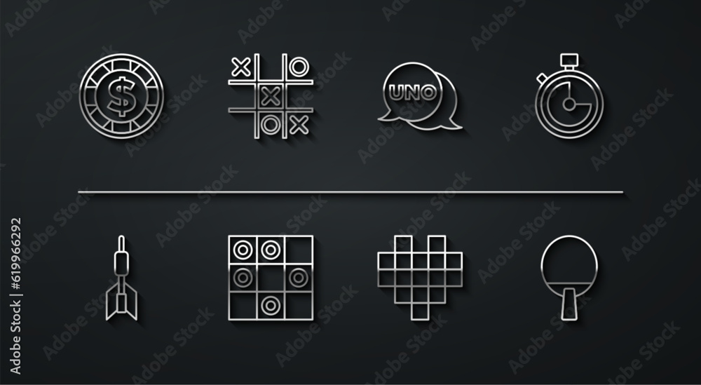 Set line Casino chip with dollar, Dart arrow, Stopwatch, Pixel hearts for game, Board of checkers, Tic tac toe, Racket and Uno card icon. Vector Set line Casino chip with dollar, Dart arrow, Stopwatch, Pixel hearts for game, Board of checkers, Tic tac toe, Racket and Uno card icon. Vector