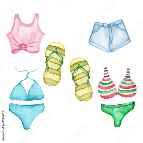 Cute Summer Swimwear Set with Sandals, Bikini Collection, Pastel Beachwear Illustration