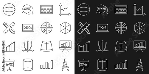 Set line Drawing compass, Computer monitor with graph chart, Geometric figure Cube, Calculator, Chalkboard, Crossed ruler and pencil, Sphere and XYZ Coordinate system icon. Vector