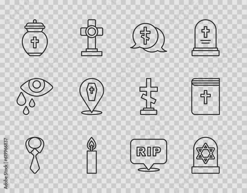 Set line Tie, Grave with star of david, cross, Burning candle, Funeral, Coffin, Speech bubble rip death and Holy bible book icon. Vector