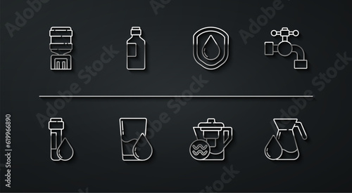 Set line Water cooler, Test tube with water drop, tap, jug filter, Glass, Bottle of, Jug glass and Waterproof icon. Vector photo