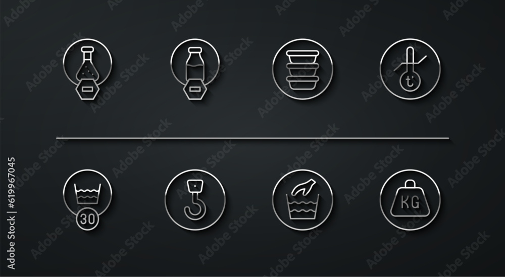 Set line Test tube and flask, Temperature wash, Meteorology thermometer, Hand laundry, Industrial hook, Lactose free, Weight and Bowl icon. Vector Set line Test tube and flask, Temperature wash, Meteorology thermometer, Hand laundry, Industrial hook, Lactose free, Weight and Bowl icon. Vector
