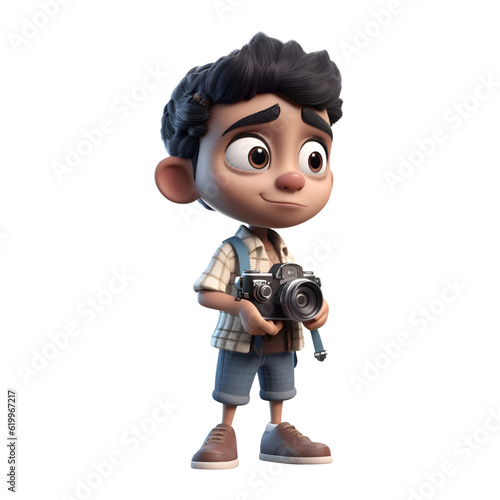 3D Render of a Little Boy with a Camera on White Background