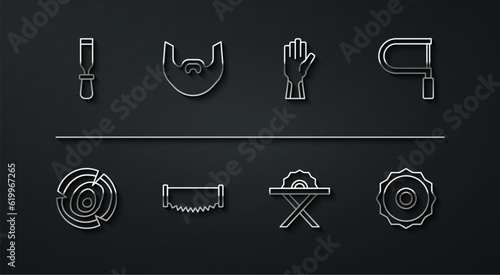 Set line Chisel tool, Wooden logs, Hacksaw, Electric circular, Two-handed, Mustache beard, Circular blade and Protective gloves icon. Vector