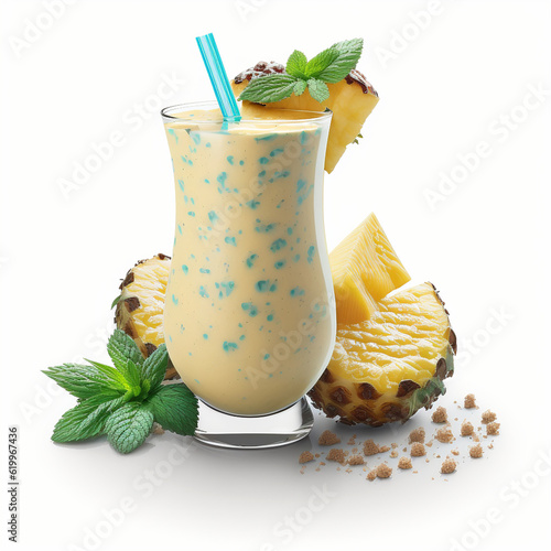 Energizing Pineapple Mint Smoothie isolated on white background in png format studio close up minimalist packshot mode. AI Generative image