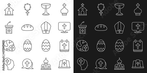 Set line Pope hat  Calendar with Easter  Location church building  Christian chalice  bread  Church sermon tribune  and icon. Vector