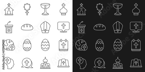 Set line Pope hat, Calendar with Easter, Location church building, Christian chalice, bread, Church sermon tribune, and icon. Vector