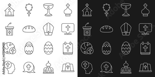 Set line Pope hat, Calendar with Easter, Location church building, Christian chalice, bread, Church sermon tribune, and icon. Vector