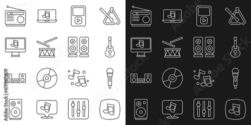 Set line Music note, tone, Microphone, Guitar, player, Drum with drum sticks, Computer music, Radio and Stereo speaker icon. Vector