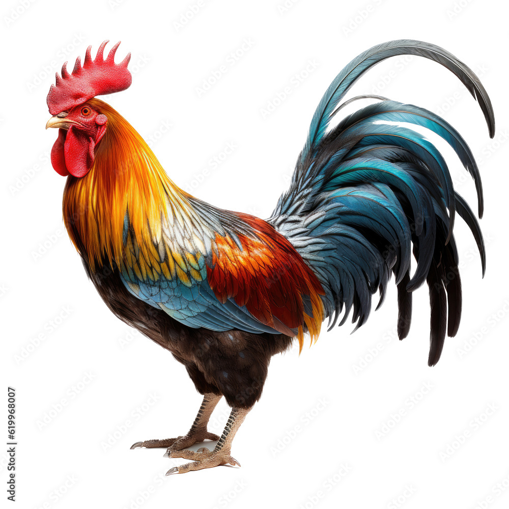 Fototapeta premium a Beautifully Cockerel rooster, full body, richly colored, Farm-themed, photorealistic illustrations in a PNG, cutout, and isolated. Generative AI