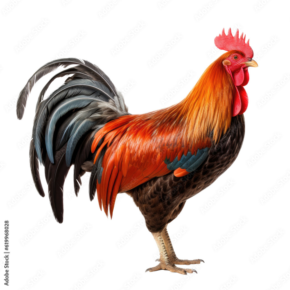 a Beautifully Cockerel rooster, full body, richly colored, Farm-themed, photorealistic illustrations in a PNG, cutout, and isolated. Generative AI