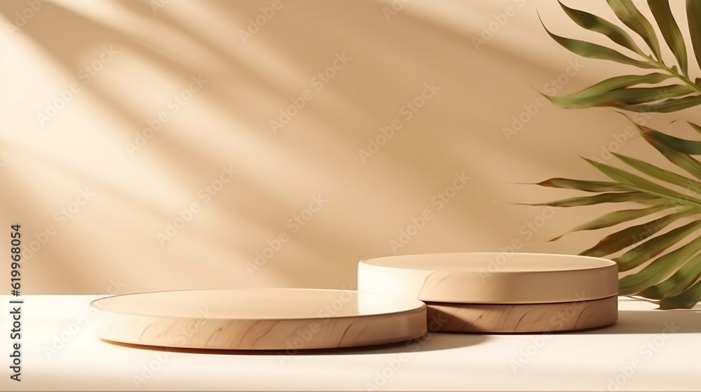 minimal modern wooden round tray podium on table counter in sunlight, leaf shadow on beige wall background for product display. Generative AI.