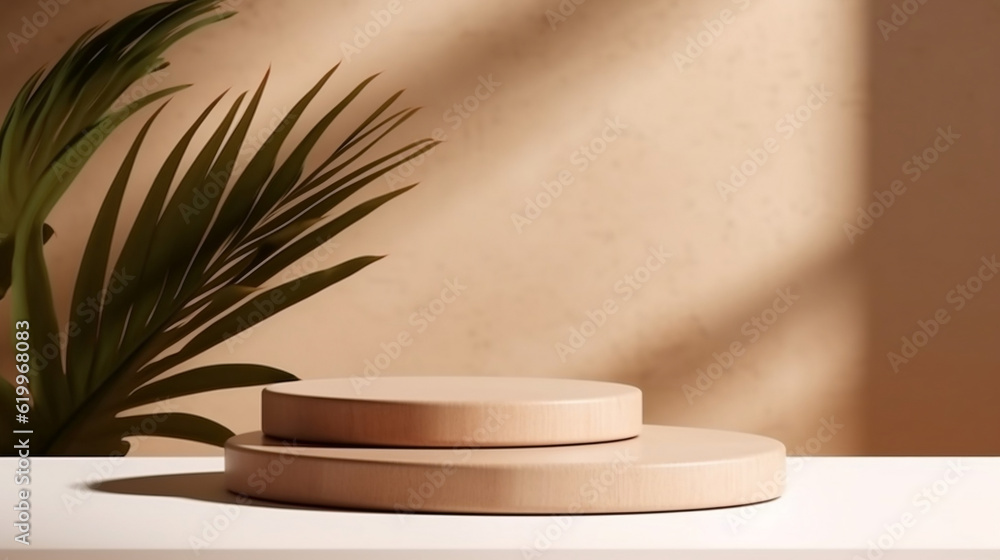 minimal modern wooden round tray podium on table counter in sunlight, leaf shadow on beige wall background for product display. Generative AI. minimal modern wooden round tray podium on table counter in sunlight, leaf shadow on beige wall background for product display. Generative AI.