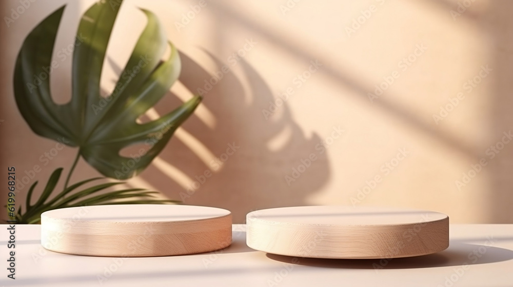 minimal modern wooden round tray podium on table counter in sunlight, leaf shadow on beige wall background for product display. Generative AI. minimal modern wooden round tray podium on table counter in sunlight, leaf shadow on beige wall background for product display. Generative AI.