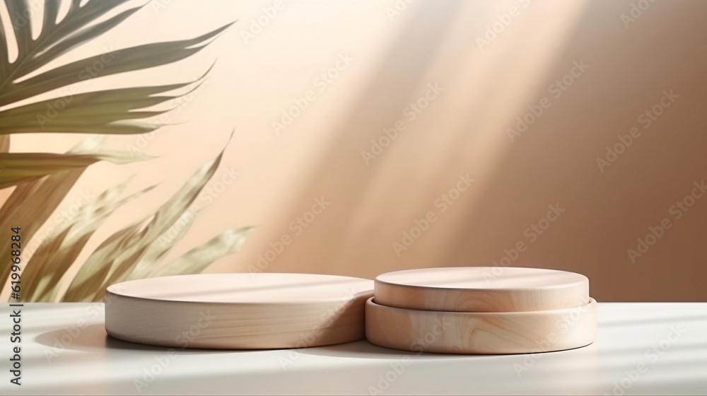 minimal modern wooden round tray podium on table counter in sunlight, leaf shadow on beige wall background for product display. Generative AI.