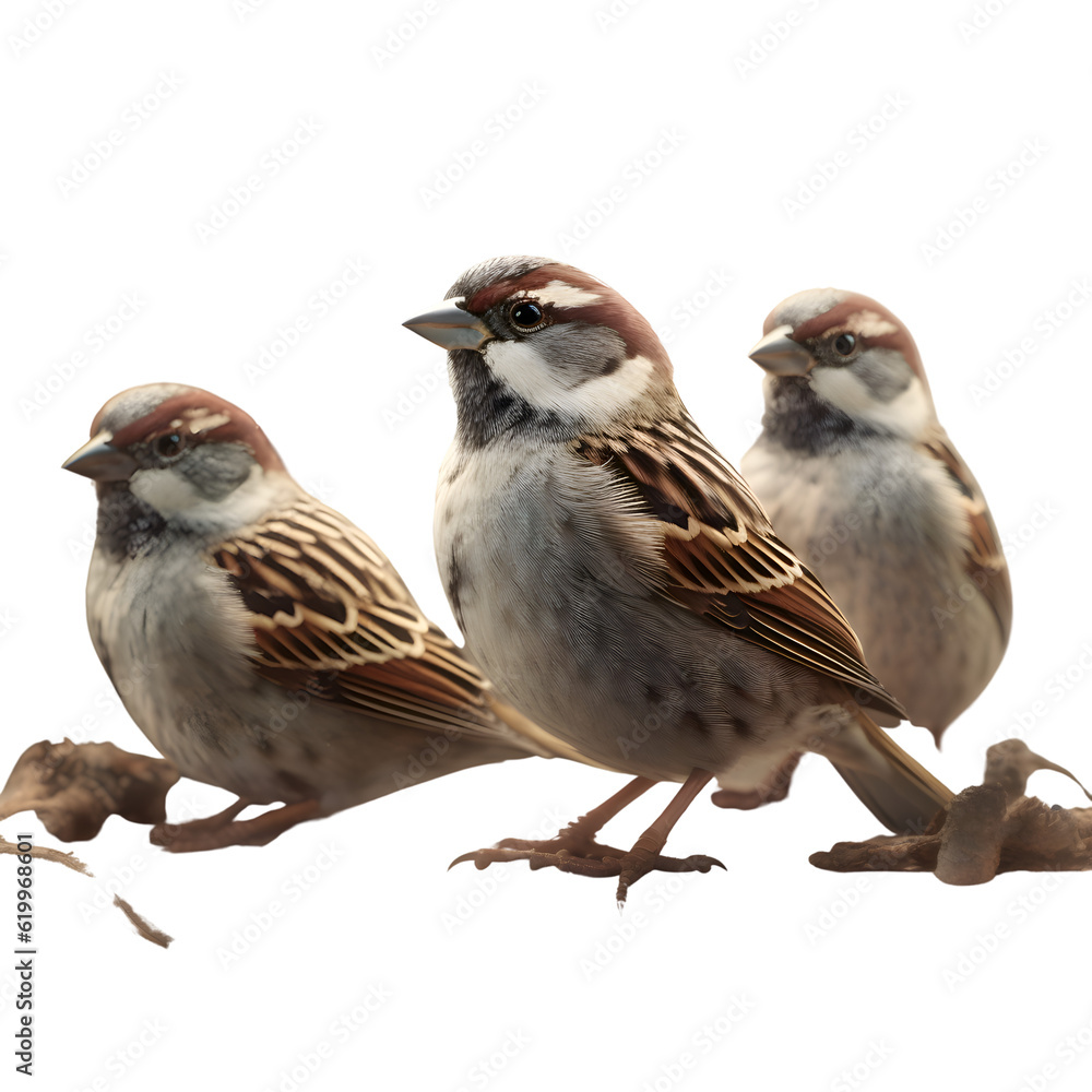 three sparrows sitting on the wall in the sunlight and looking at the camera