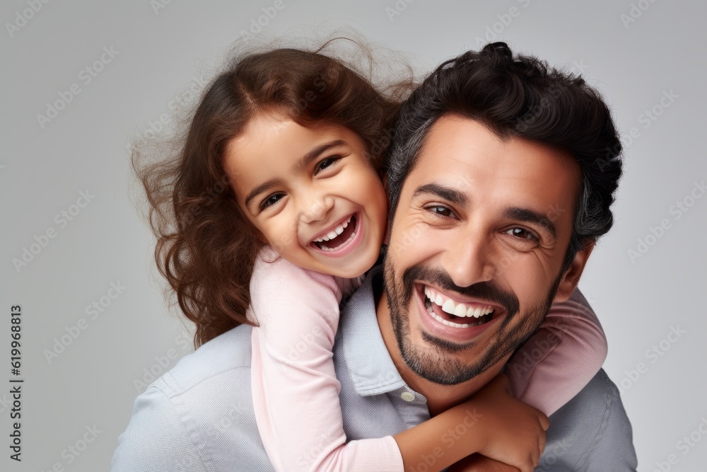 Happy father and daughter hugging and looking at camera isolated on grey background. Ai generated.