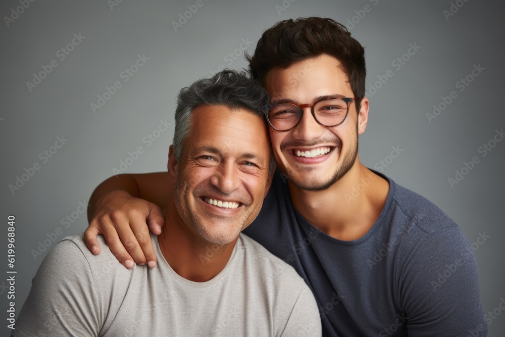Portrait of happy father and son embracing each other, on grey background. Ai generated. Portrait of happy father and son embracing each other, on grey background. Ai generated.