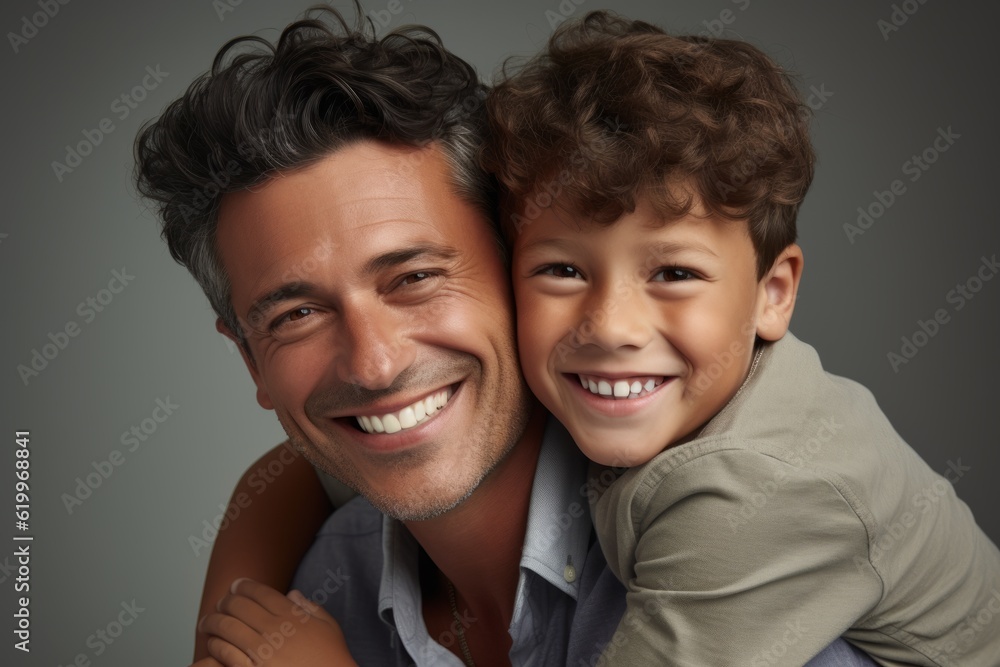 Portrait of a happy father and his son on a gray background. Ai generated. Portrait of a happy father and his son on a gray background. Ai generated.
