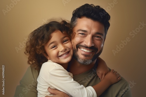 Portrait of happy father and daughter embracing each other on brown background. Ai generated.