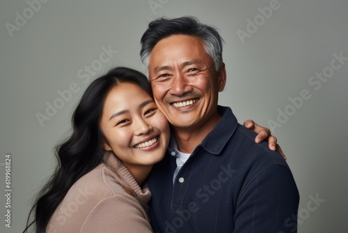 Happy asian father and daughter hugging and smiling at the camera on gray background. Ai generated.