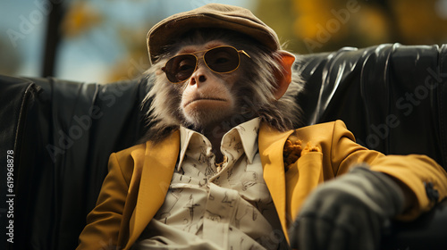 Casual and Relaxed Anthropomorphic Chimpanzee (Pan troglodytes) in a Stylish Shirt, Coat & Hat - Epitomizing Trendy Animal Fashion. Generative AI.
