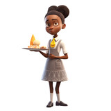 3D digital render of a cute African American waitress with a tray full of ice cream