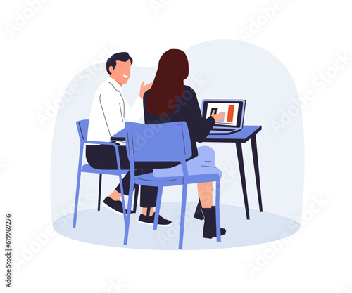 Casual teamwork. Diverse team of people working together with computers. Flat design vector illustration with white