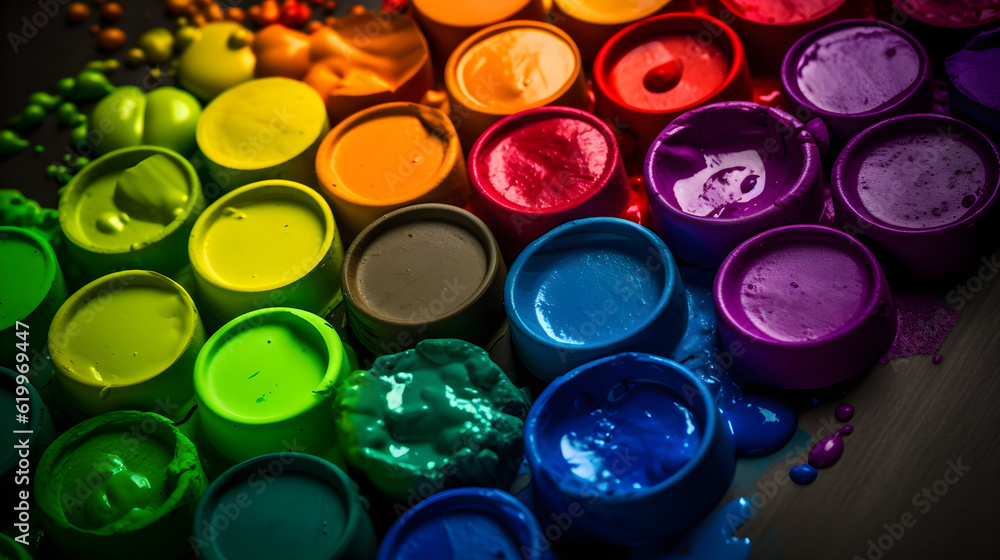 Jars with rainbow colored paint. Generative AI Jars with rainbow colored paint. Generative AI