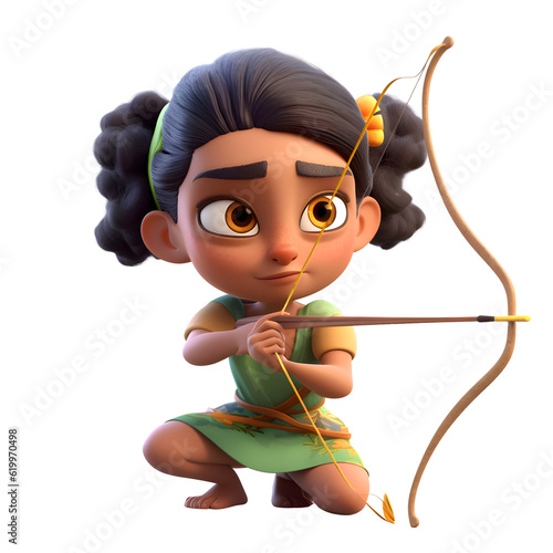 3D digital render of a cute little girl with bow and arrow isolated on white background