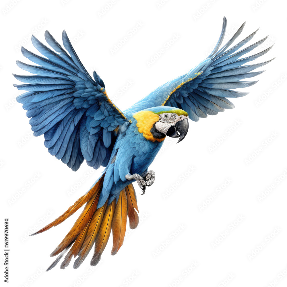 Φωτογραφία a Blue-and -Gold Macaw, Ara ararauna, in flight in various positions, full body, richly colored, Wildlife-themed, photorealistic illustrations in a PNG, cutout, and isolated