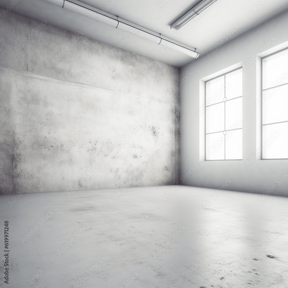 Empty room with wall and big windows. White concrete. (Generative AI) Empty room with wall and big windows. White concrete. (Generative AI)