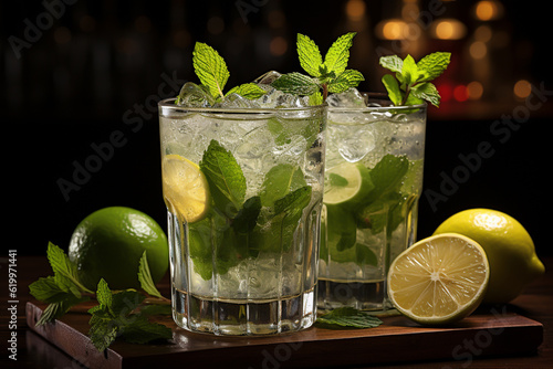 mojito cocktail with lime and mint at a bar