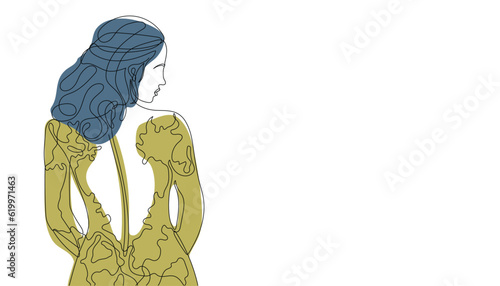 Beautiful young lady in long evening dress. Single line minimalist illustration of the woman in the evening gown. Illustration for women dress shop. Young elegant girl