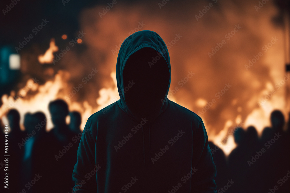 Hooded man. Protests. People silhouettes. Street violence. Street on fire. Generative AI