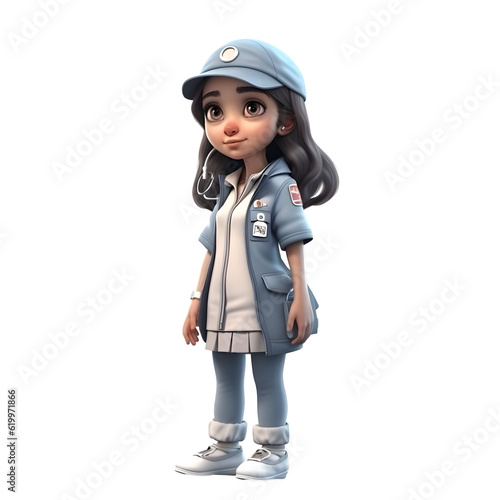 3D Render of a Little Girl with Police Station Uniform on White Background