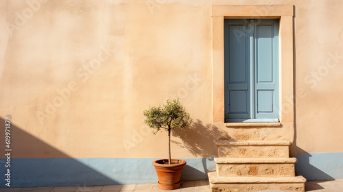 Idyllic front view photo of old beige house wall in the old city minimalism picture