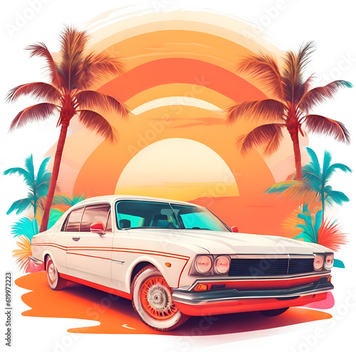 Retro Classic Car and Sunrise. Generate AI © Tanya