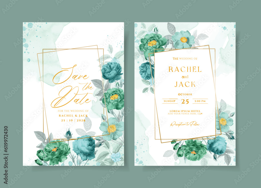 Watercolor wedding invitation template set with romantic green blue floral and leaves decoration