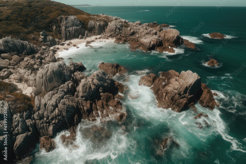Fototapeta premium Overlooking the beautiful coastline with waves crashing on boulders, AI generated