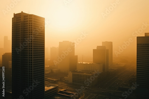 Aerial photograph of city buildings at sunset