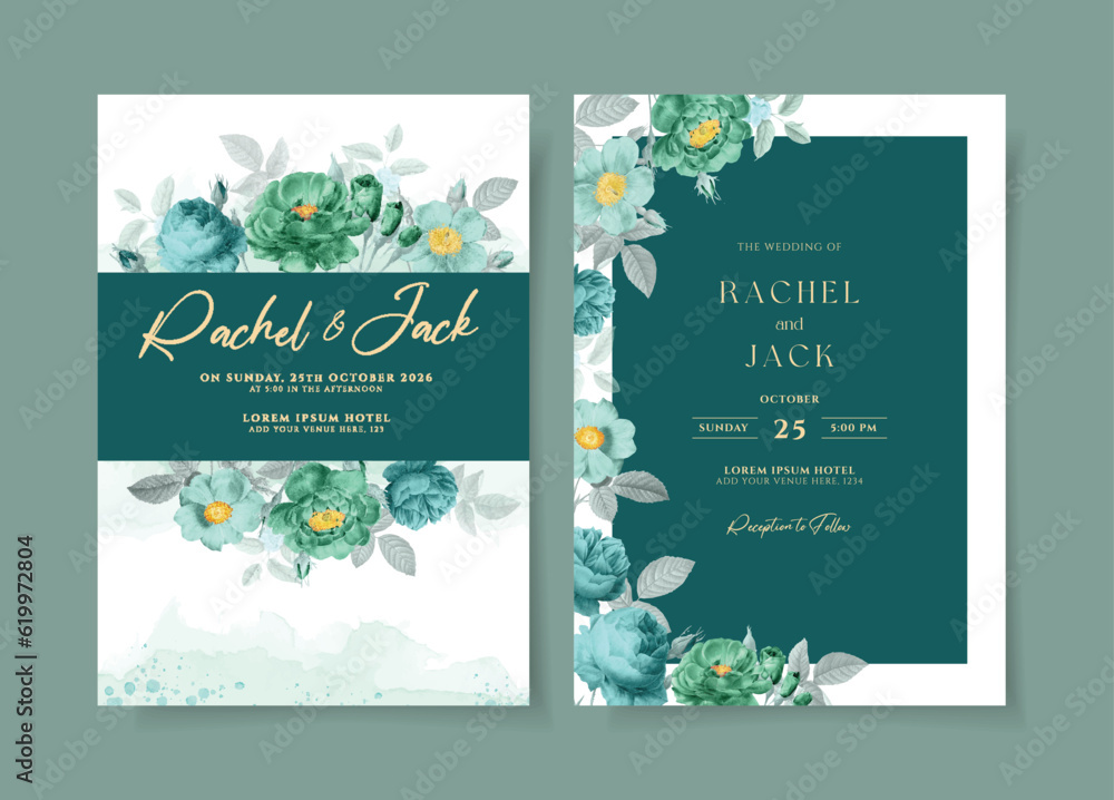 Watercolor wedding invitation template set with romantic green blue floral and leaves decoration Watercolor wedding invitation template set with romantic green blue floral and leaves decoration