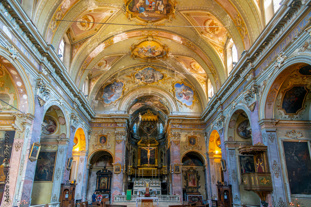 The ornate interior of the medieval Church of Sant 'Agata Del Carmine in the historic Città Alta old town of Bergamo, Italy.