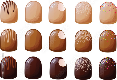 Cute vector illustration of various kinds of german or danish sweets made of eggwhite fluff and covered in chocolate.